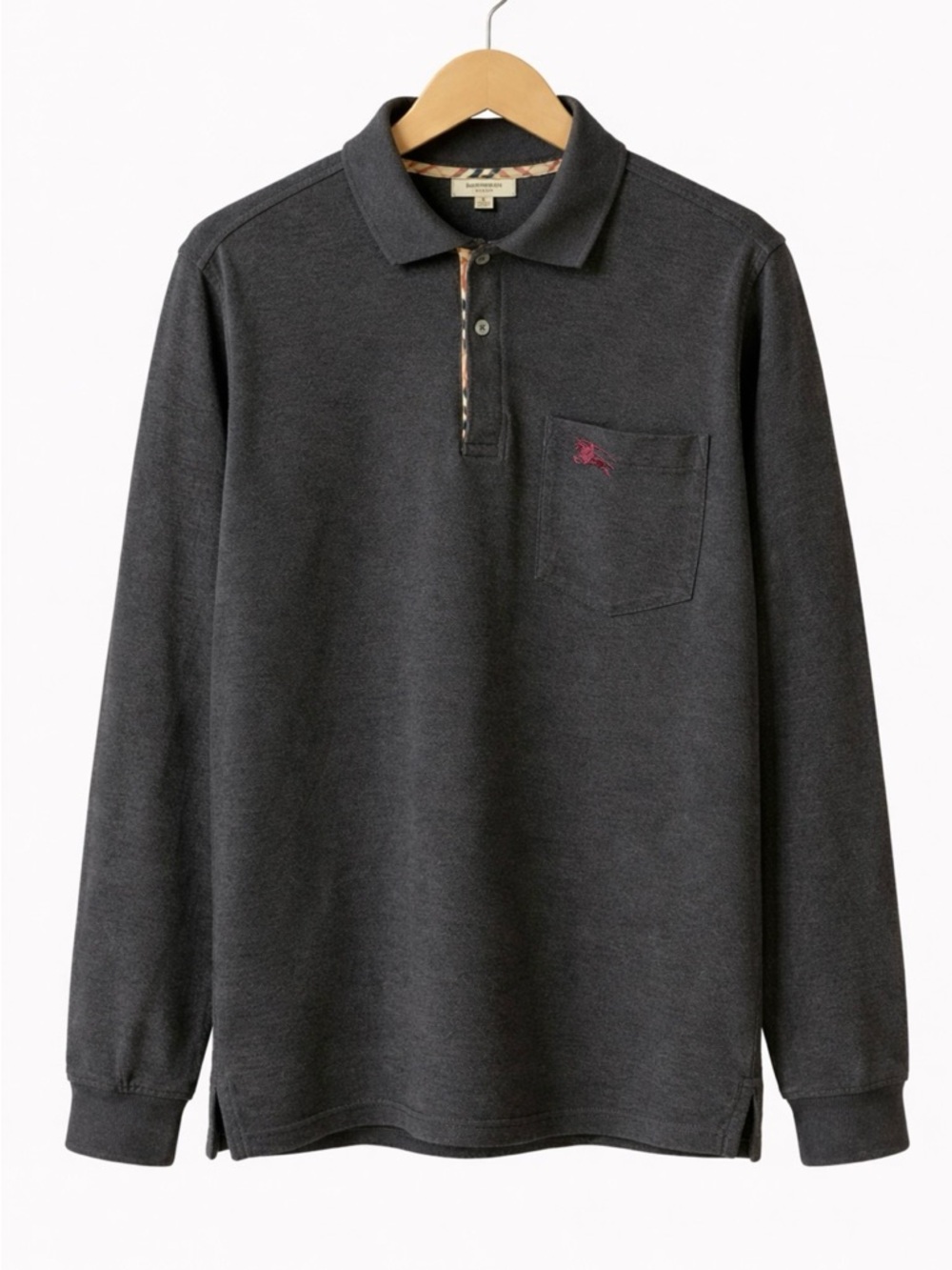 Burberry London Long Sleeve Polo Shirt – Dark Grey Nova Check Trim – Size S